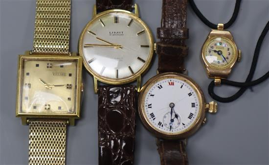 Two 9ct gold wrist watches including early 20th century(a.f.) and two other wristwatches.